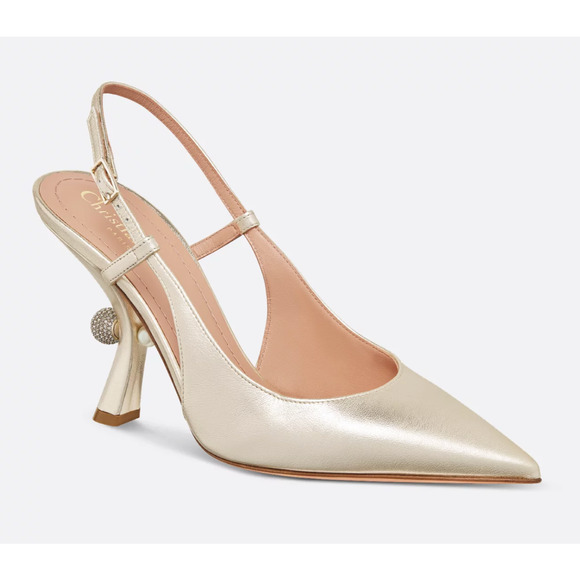 Dior Tribales Jadior Pale Gold Laminated Leather Slingback Sandal Heel Pump 37.5 - Picture 3 of 16